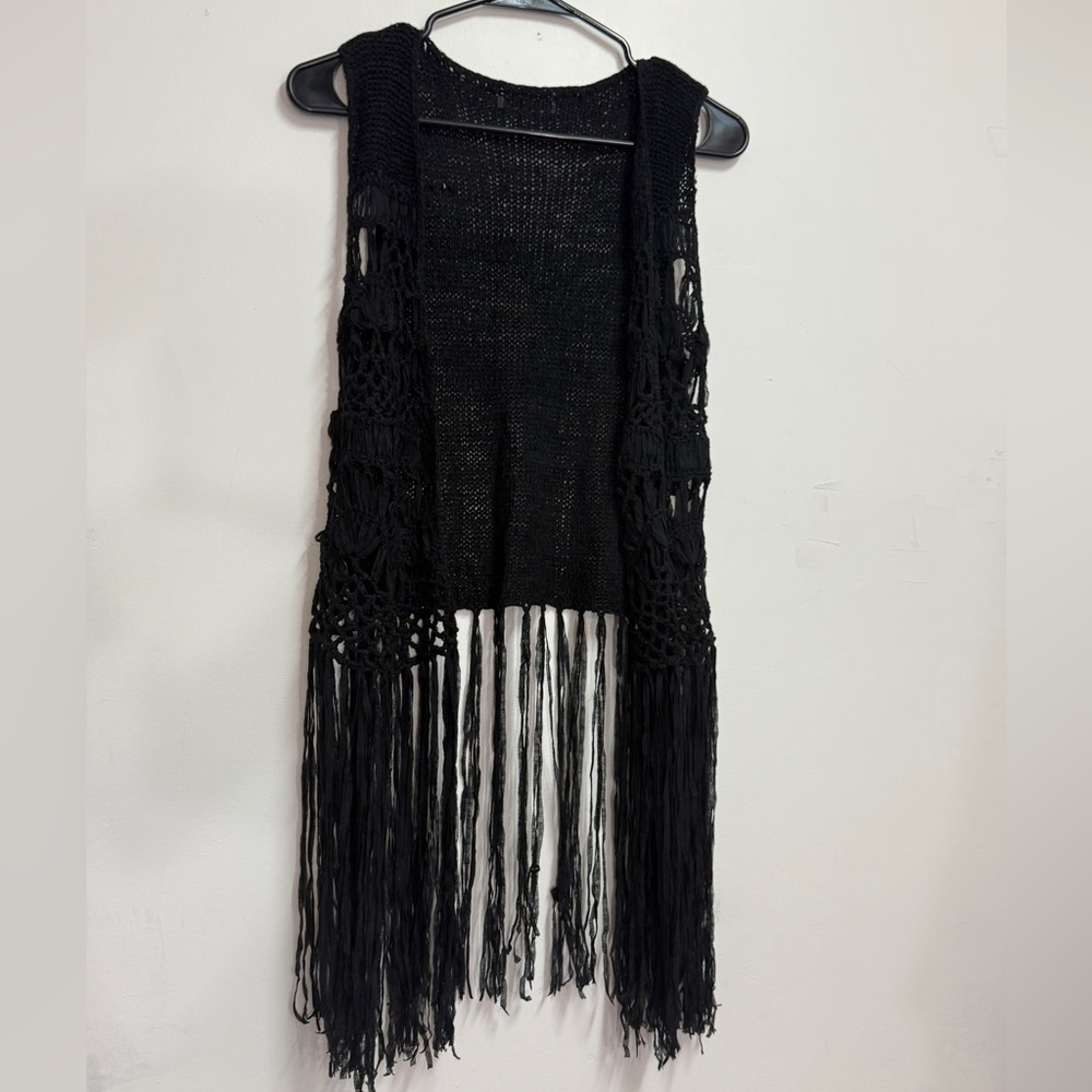 Boho fringe crochet cover up western black tassle sleeveless cardigan festival
